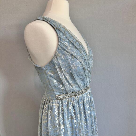Teeze Me Metallic Foil Pleated V-Neck Gown From David's Bridal Light Blue Sz 5 - Picture 5 of 16